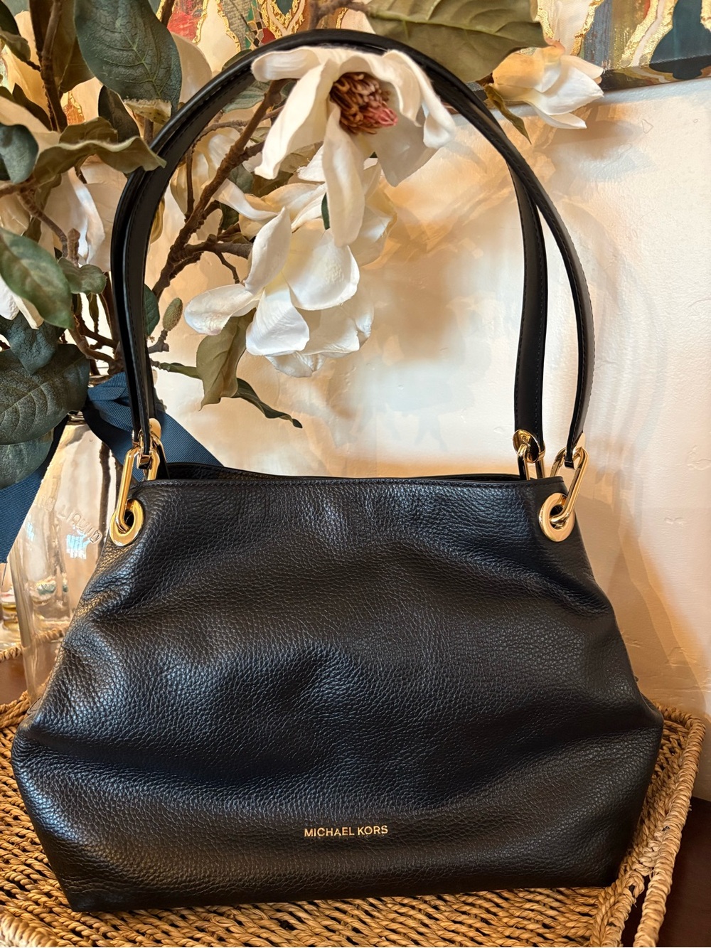 Michael Kors Black Pebbled Leather Double-Handle Shoulder Bag with Gold Hardware